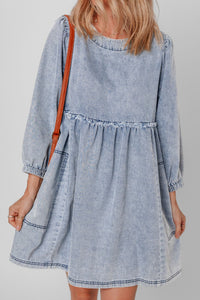 Hazel Blues® |  Cutout Round Neck Balloon Sleeve Denim Dress