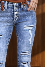 Hazel Blues® |  Distressed Button-Fly Bootcut Jeans with Pockets