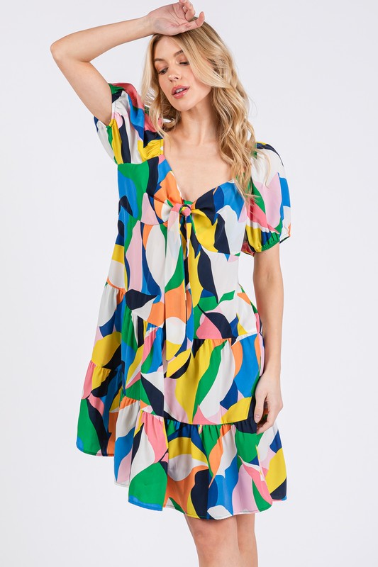 Hazel Blues® |  Ces Femme Abstract Print Sweetheart Neck Puff Sleeve Dress