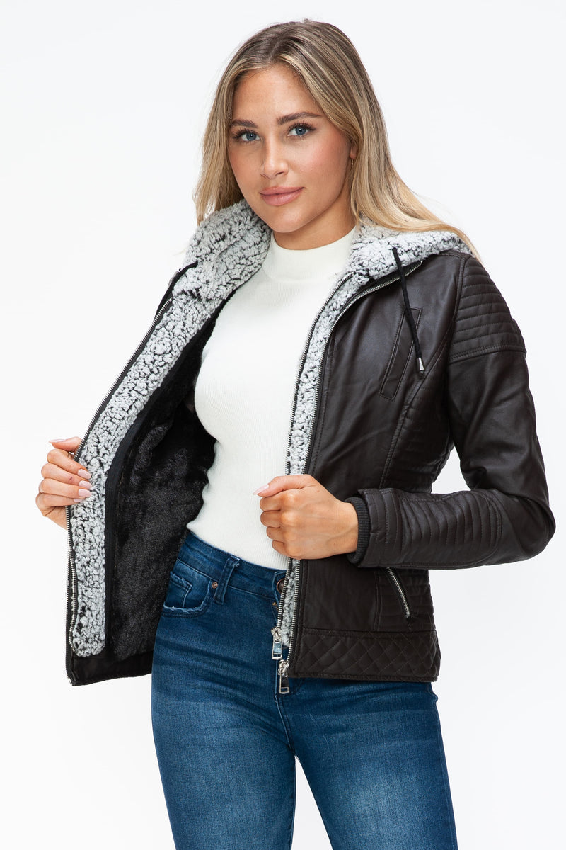 Hazel Blues® |  YMI Faux Layered Double-Zipper Jacket with Fuzzy Hood