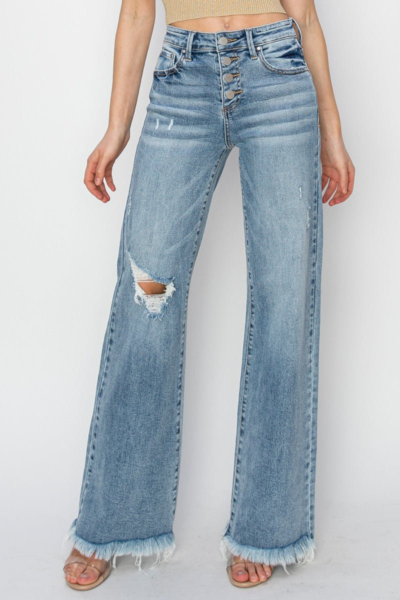 Hazel Blues® |  RISEN Mid Rise Button Fly Wide Leg Jeans