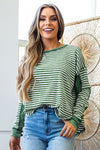 Hazel Blues® |  Green Stripe Thermal Knit Drop Shoulder Casual Top
