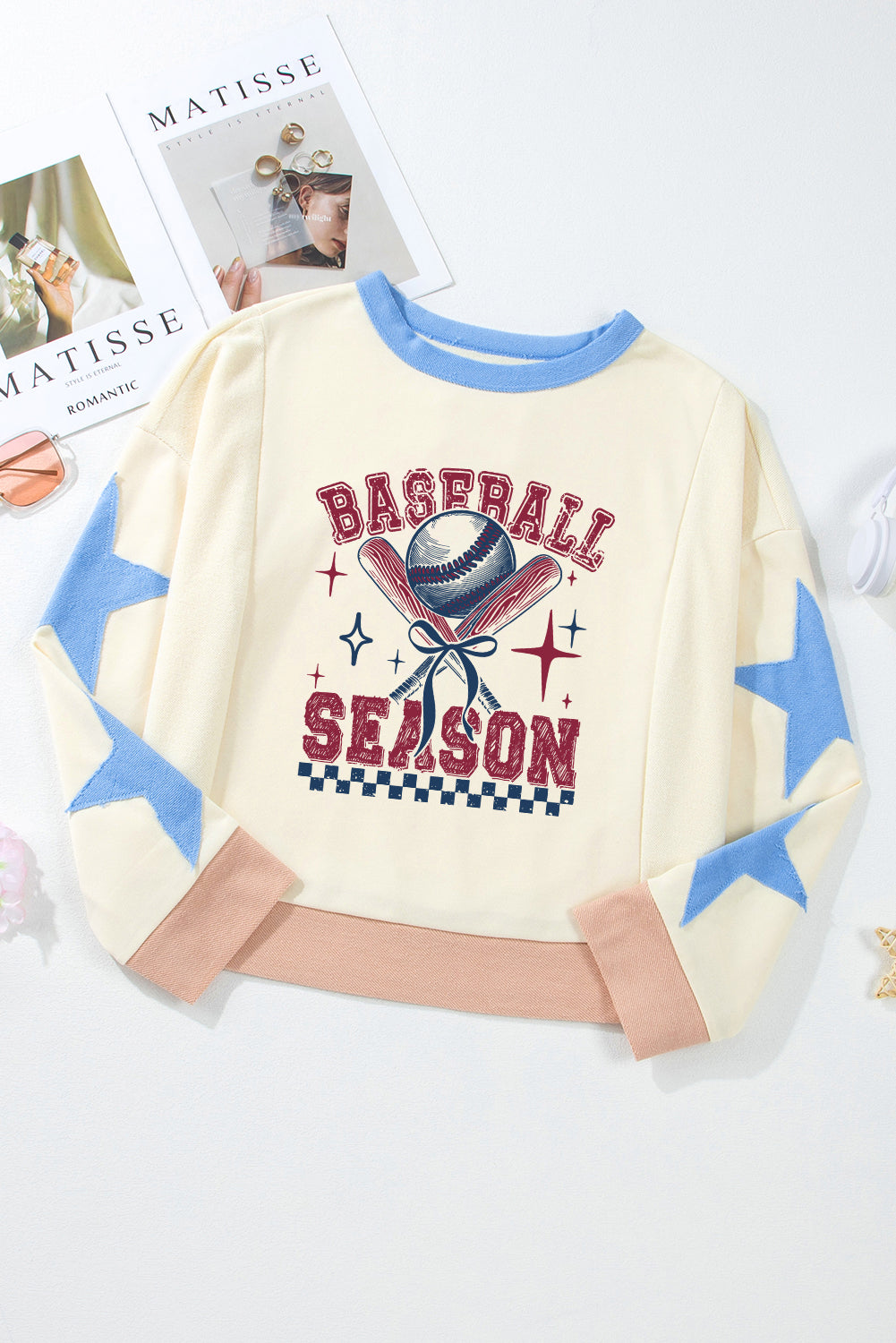 Hazel Blues® |  Beige BASEBALL SEASON Graphic Star Patched Game Day Sweatshirt