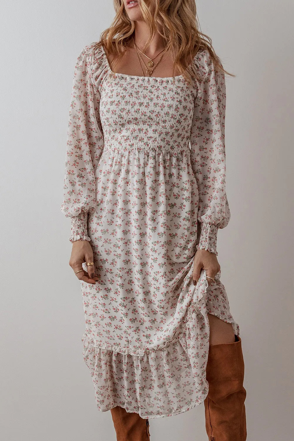 Hazel Blues® |  Smocked Floral Square Neck Long Sleeve Midi Dress