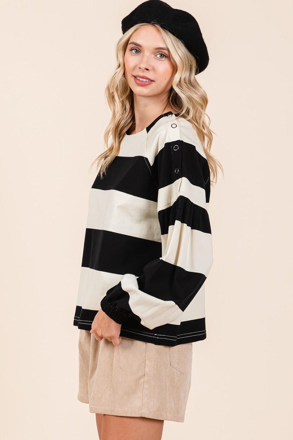 Hazel Blues® |  Mittoshop Striped Snap Shoulder Long Sleeve T-Shirt