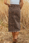 Hazel Blues® |  Brown Leopard Denim Frayed Split Denim Midi Skirt