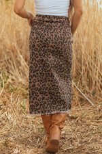 Hazel Blues® |  Brown Leopard Denim Frayed Split Denim Midi Skirt