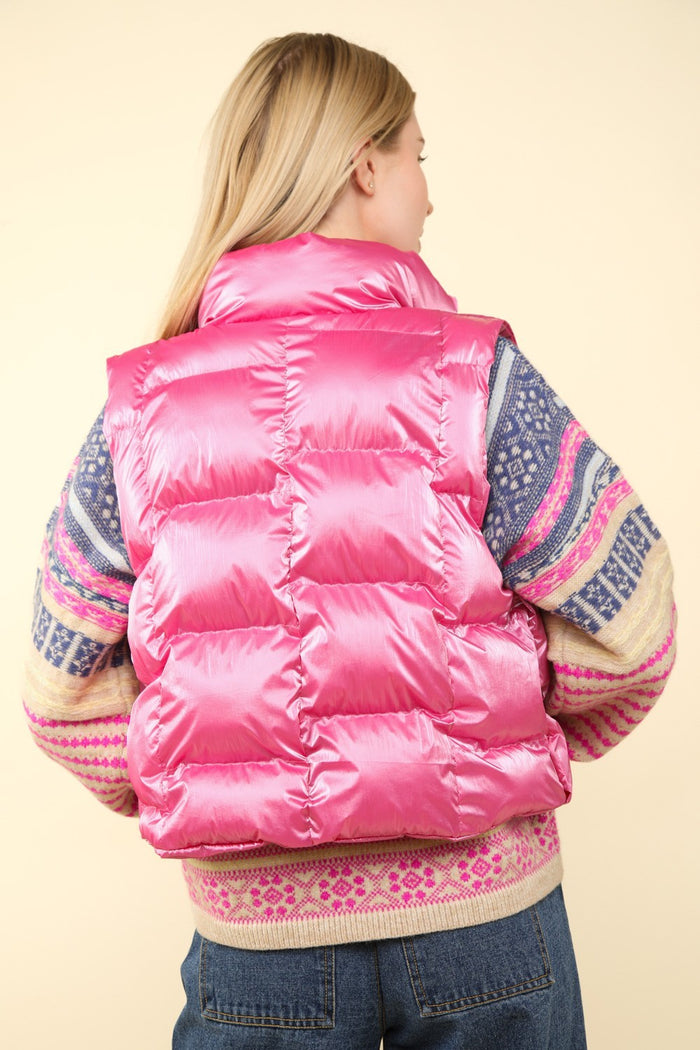 Hazel Blues® |  VERY J Shiny Metallic Zip Up Puffer Vest