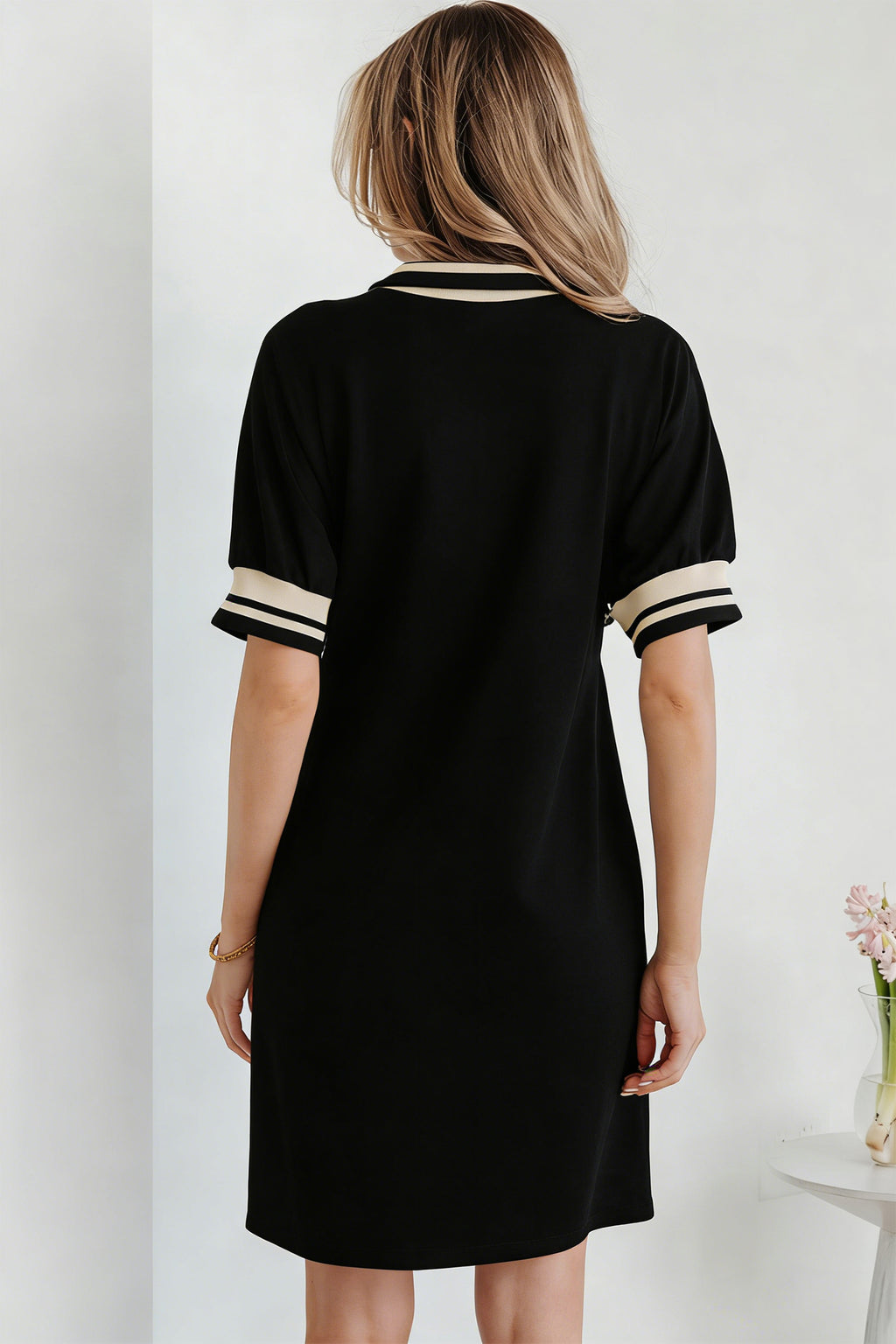 Hazel Blues® |  Black Striped Webbing Trim Preppy Polo Tee Dress