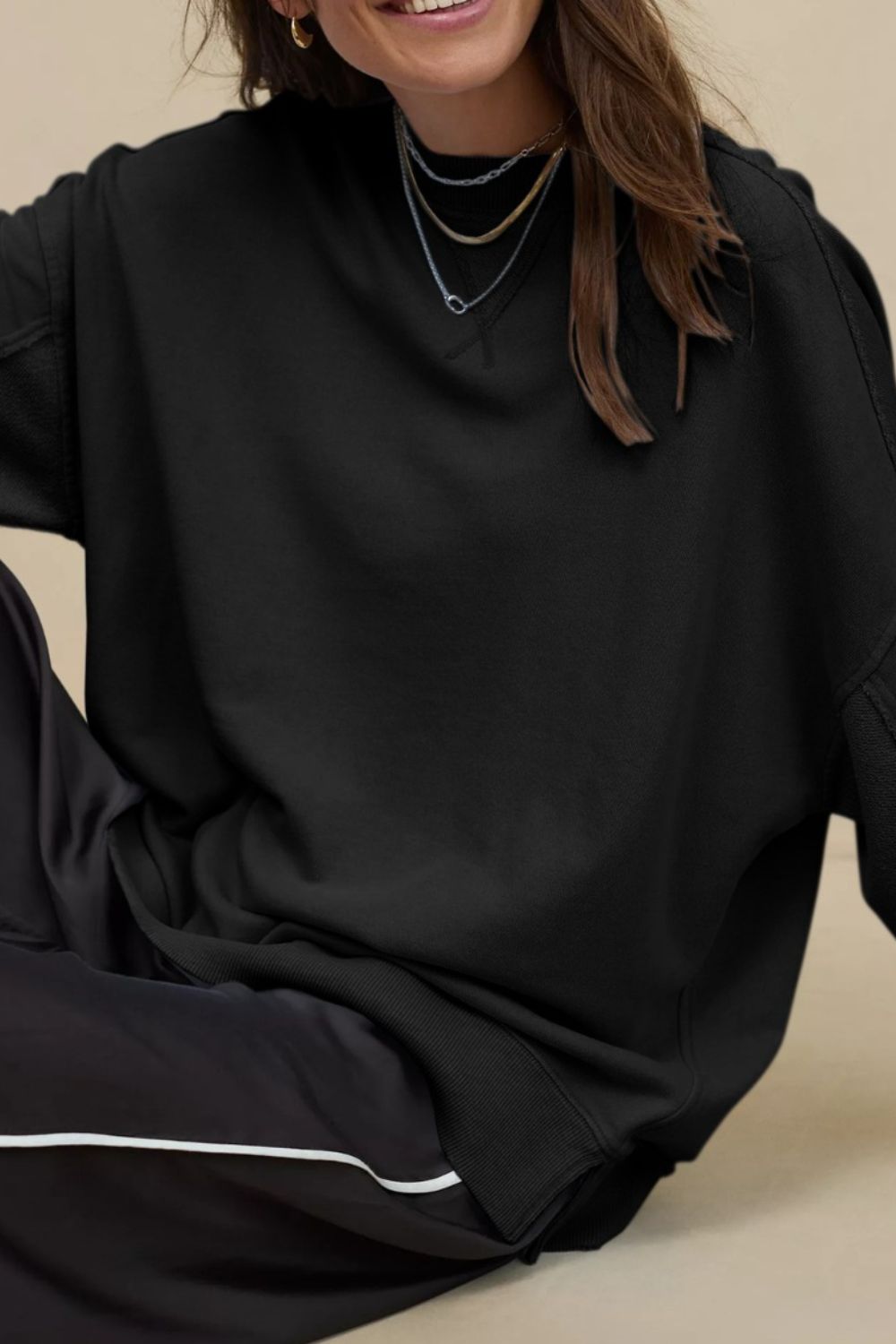 Hazel Blues® |  Side Slit Round Neck Long Sleeve Sweatshirt