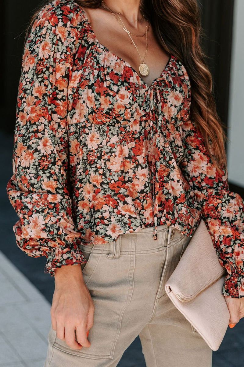 Hazel Blues® |  Peplum Tied Flora Long Sleeve Blouse