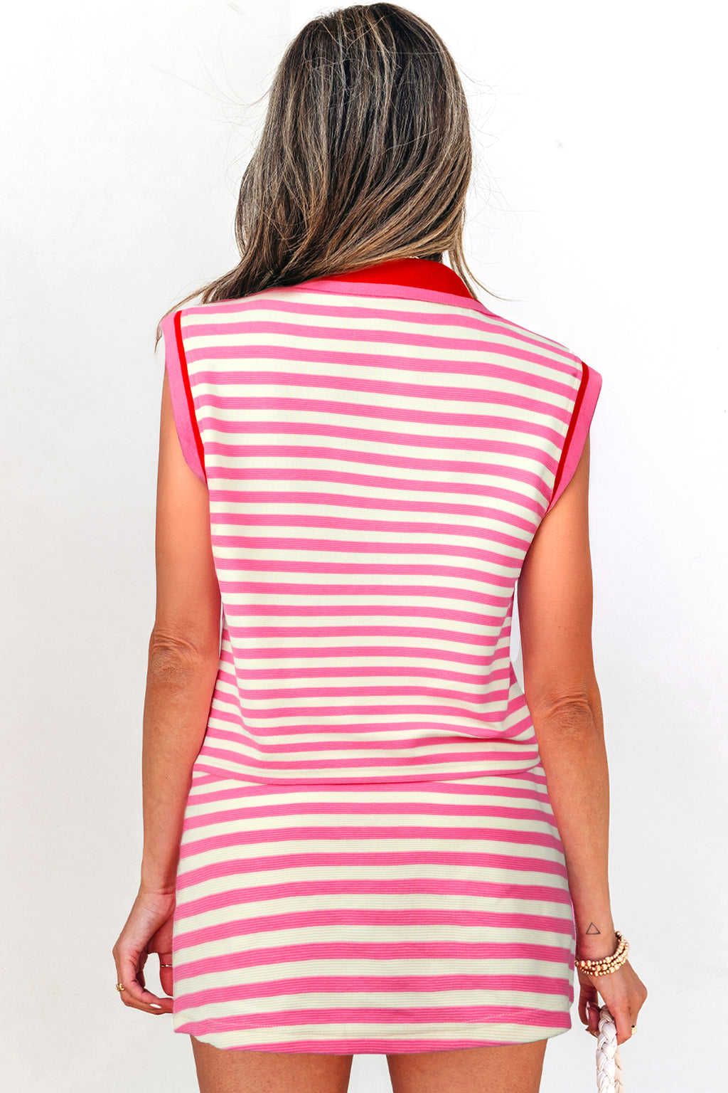 Emery Jane Sachet Pink Textured Stripe Print Contrast Trim Zip Collar Sleeveless 2-Piece Skort Set