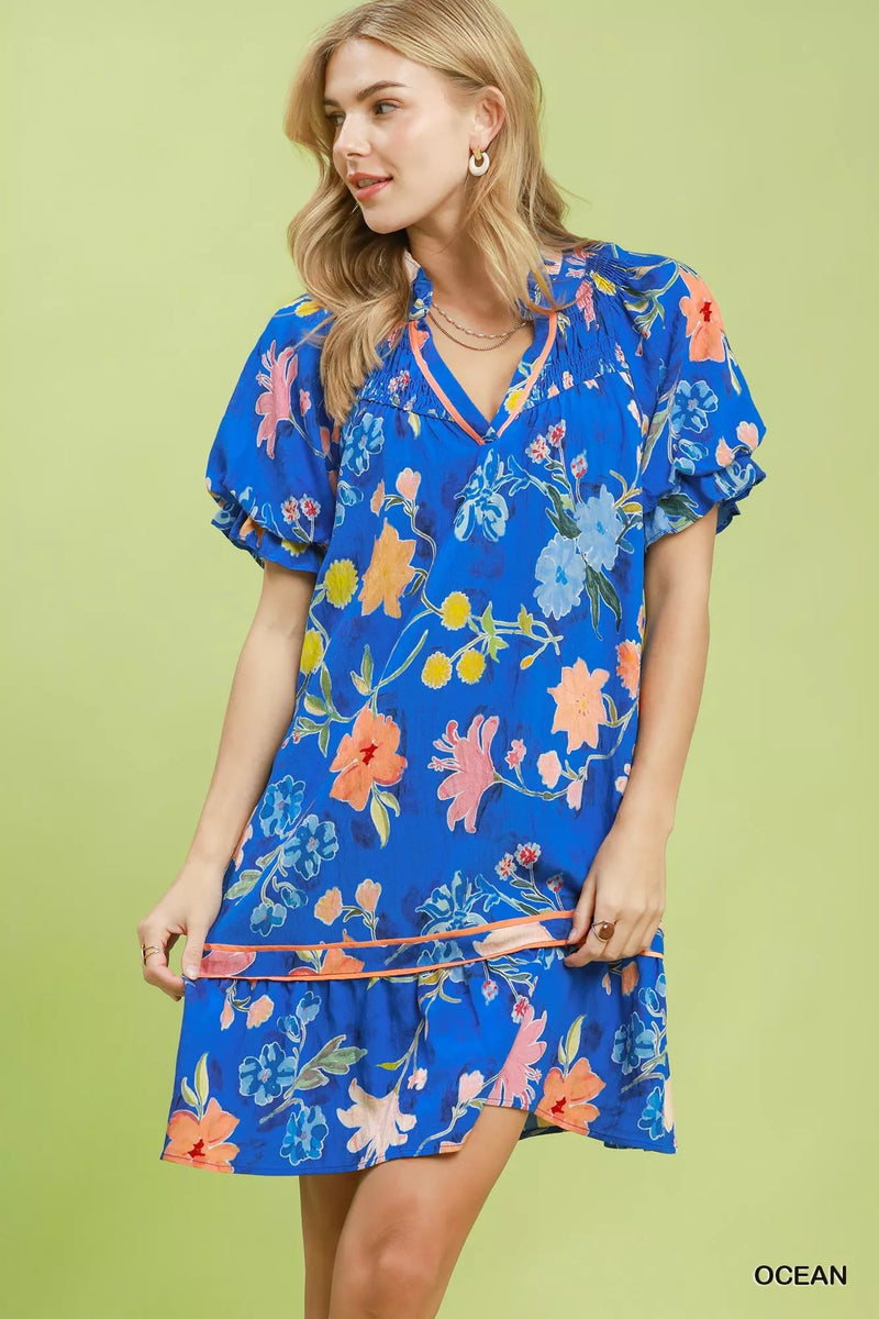 umgee mini dress Abstract Print paired with lovely tiered ruffle sleeves that bring playful feminine flair Umgee Ruffle Hem Shift Mini