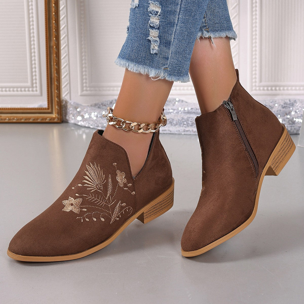 Hazel Blues® |  Embroidered Suede Point Toe Block Heel Boots