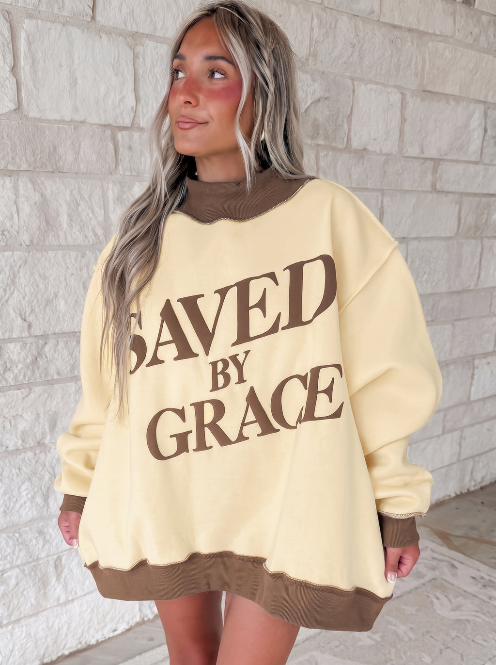 Blaire Joy Coffee Saved By Grace Print Color-Block Mock Neck Oversized Sweatshirt