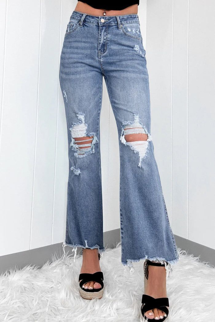 Hazel Blues® |  Distressed Raw Hem Bootcut Jeans