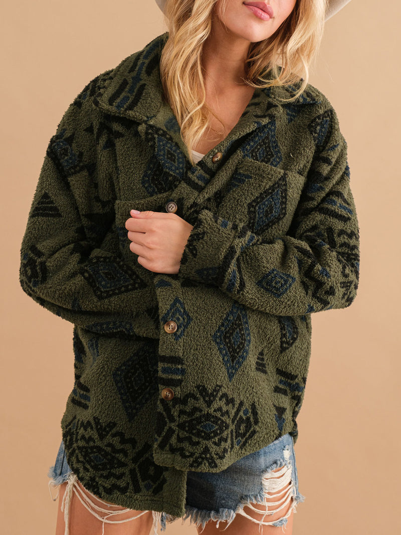 Hazel Blues® |  Geometric Button Up Long Sleeve Sherpa Jacket
