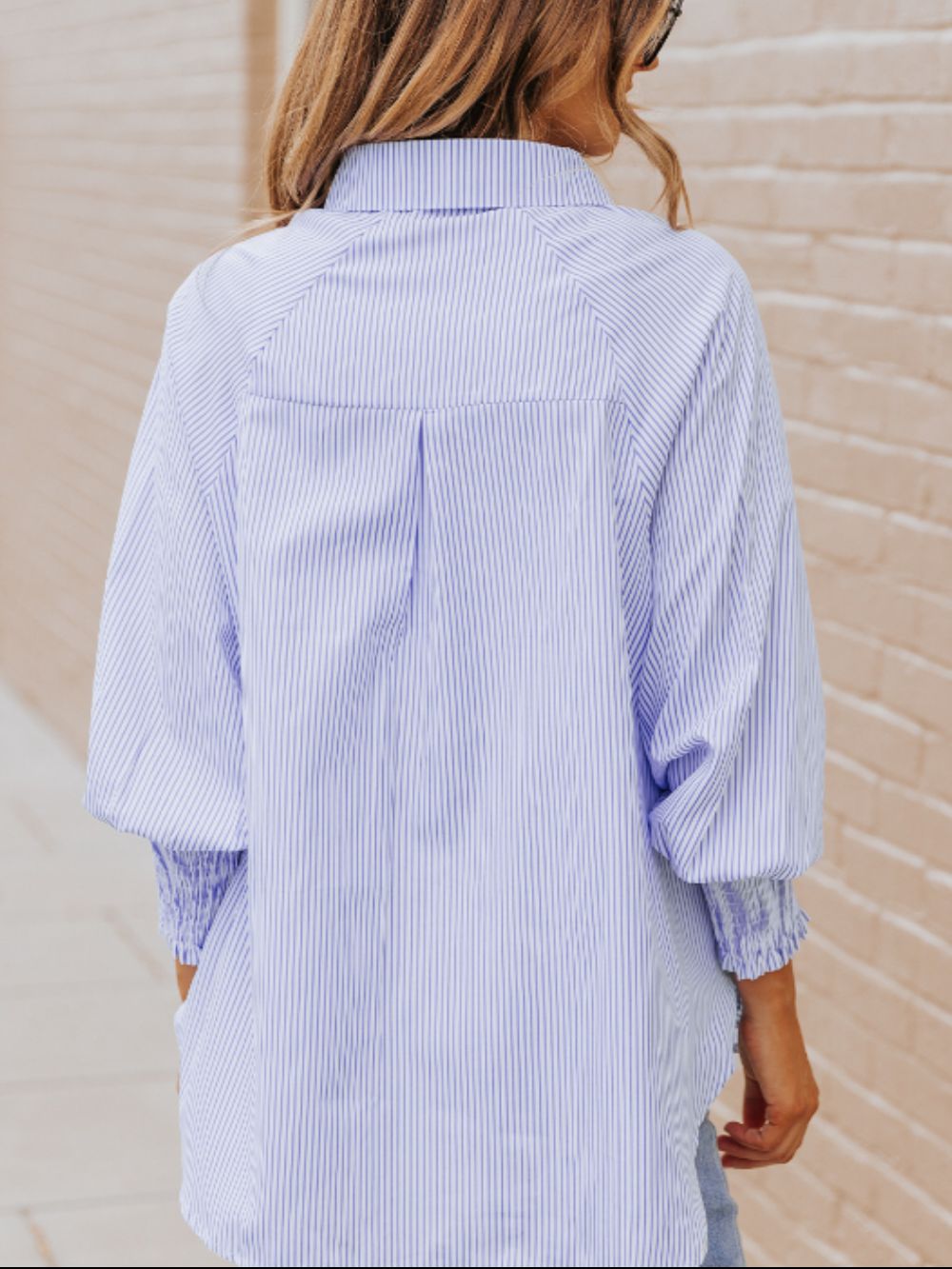 Hazel Blues® |  Striped Collared Neck Lantern Sleeve Shirt