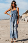 Hazel Blues® |  Stone Blue Distressed Bib Pocket Wide Leg Denim Overall
