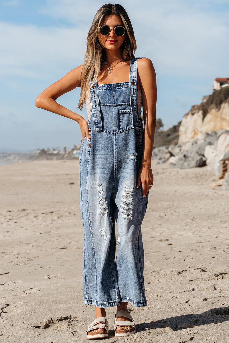 Hazel Blues® |  Stone Blue Distressed Bib Pocket Wide Leg Denim Overall