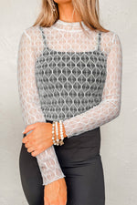 Hazel Blues® |  Beige Sheer Mesh Patterned Lettuce Trim Slim Long Sleeve Top