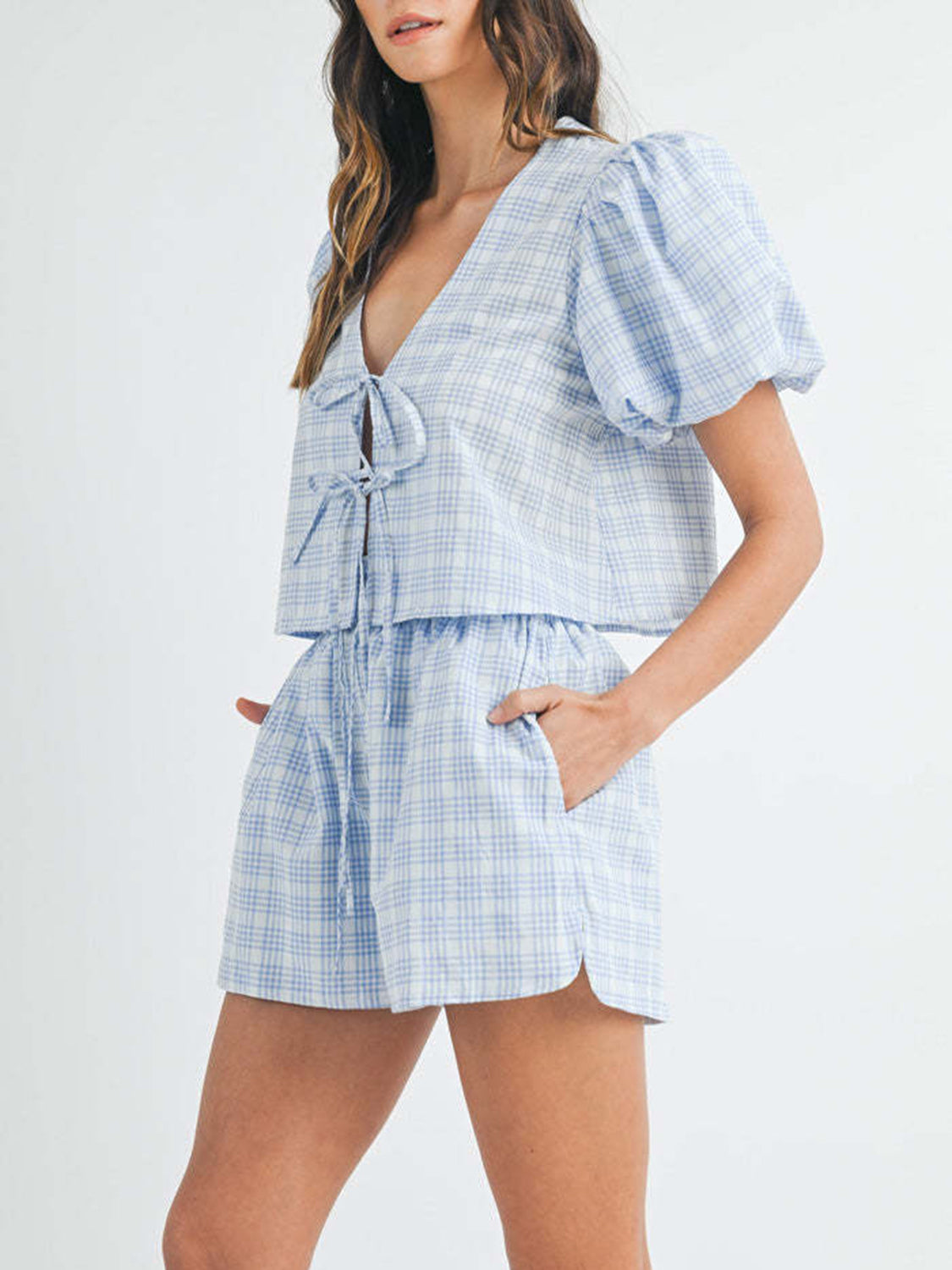 Hazel Blues® |  V-Neck Puff Sleeve Top and Shorts Set