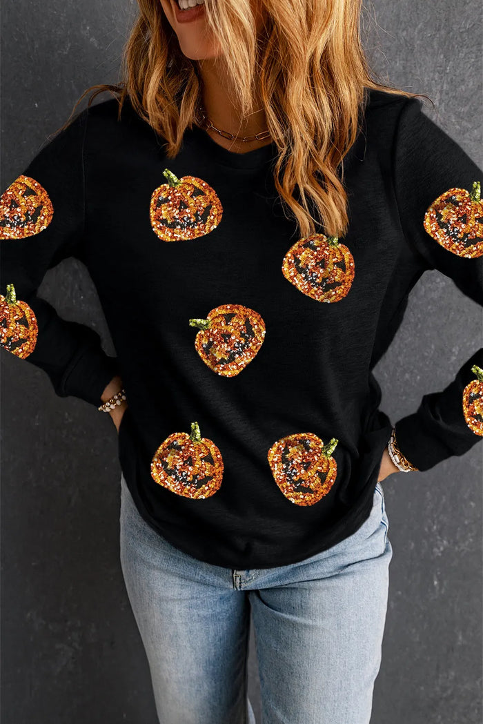 Hazel Blues® |  Sequin Pumpkin Round Neck Long Sleeve Top