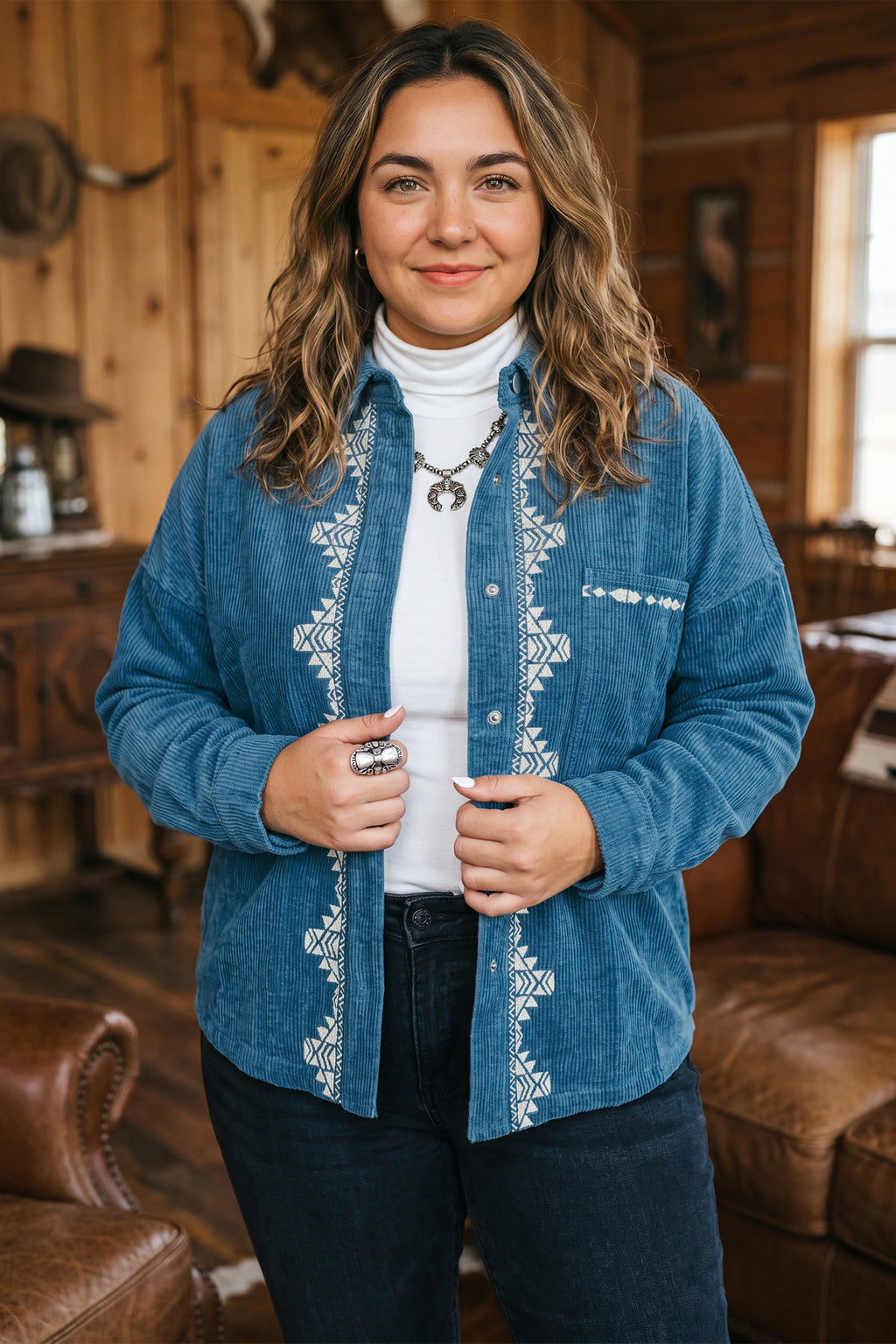 Amelia Brooke Blue Embroidered Corduroy Shirt