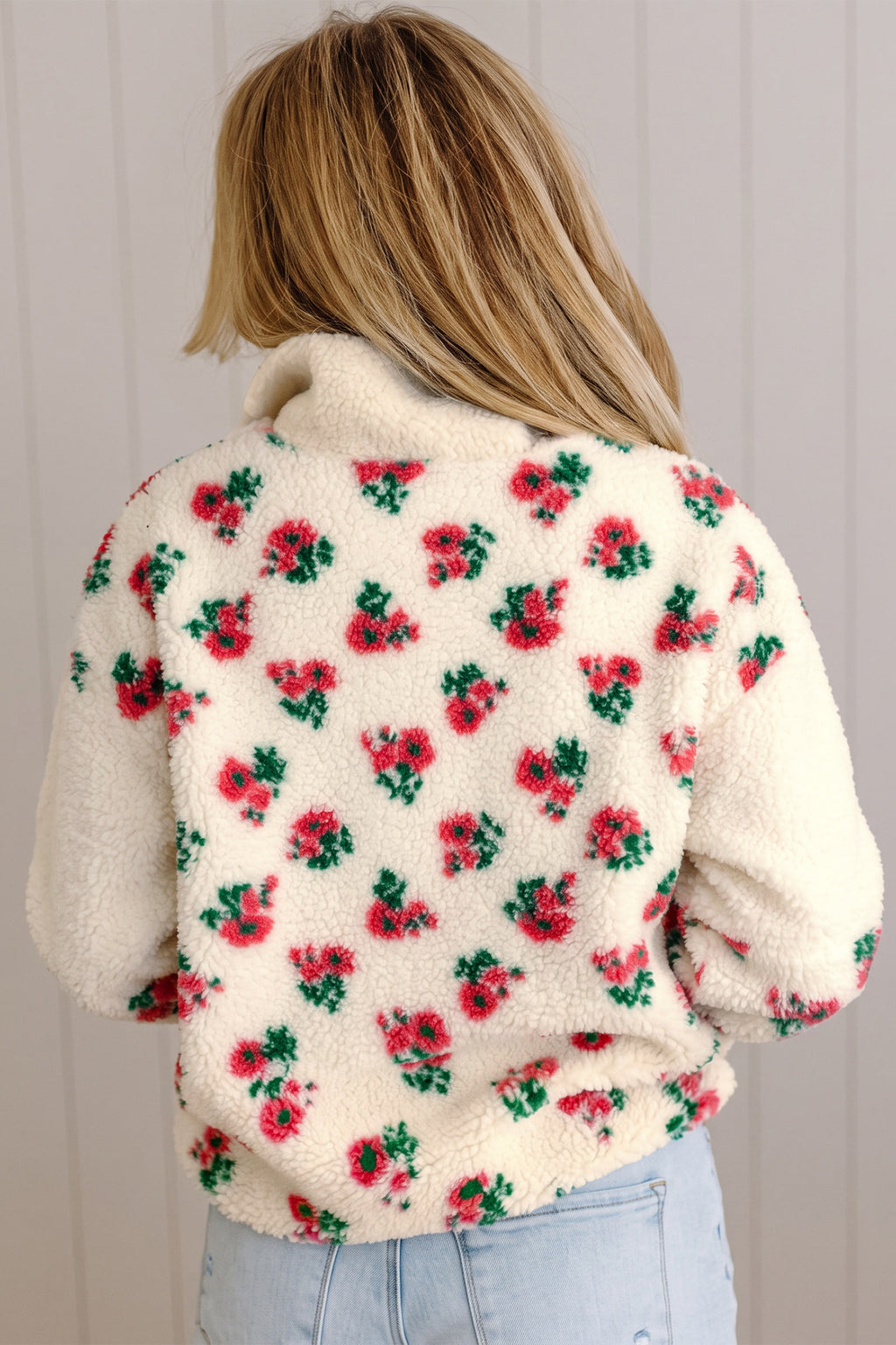 White Floral Fleece Button-Collar Sweatshirt