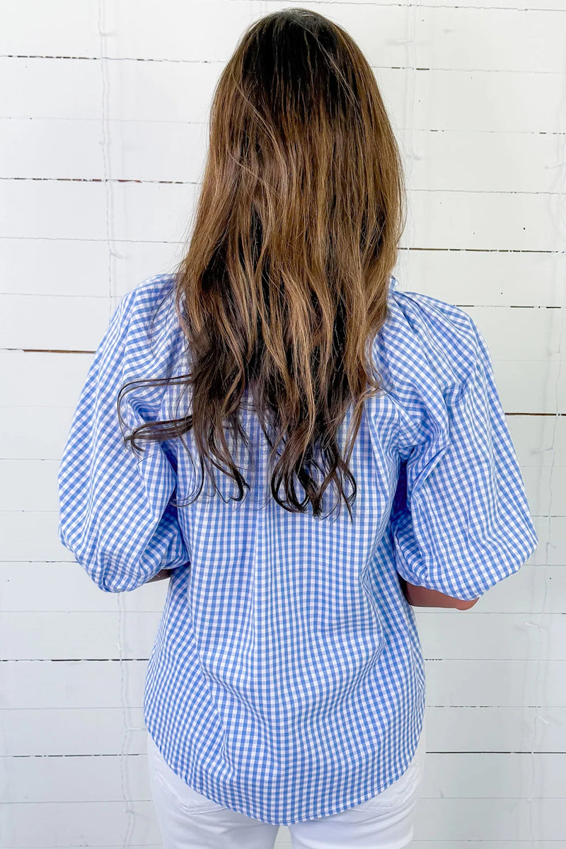 Sky Blue Summer Plaid V Neck Puff Sleeve Blouse – Hazel Blues®