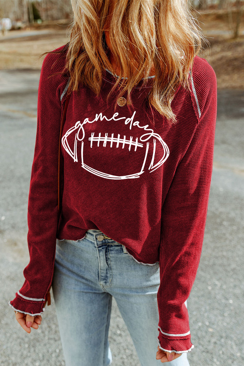 Hazel Blues® |  Red Game Day Football Graphic Thermal Knit Top