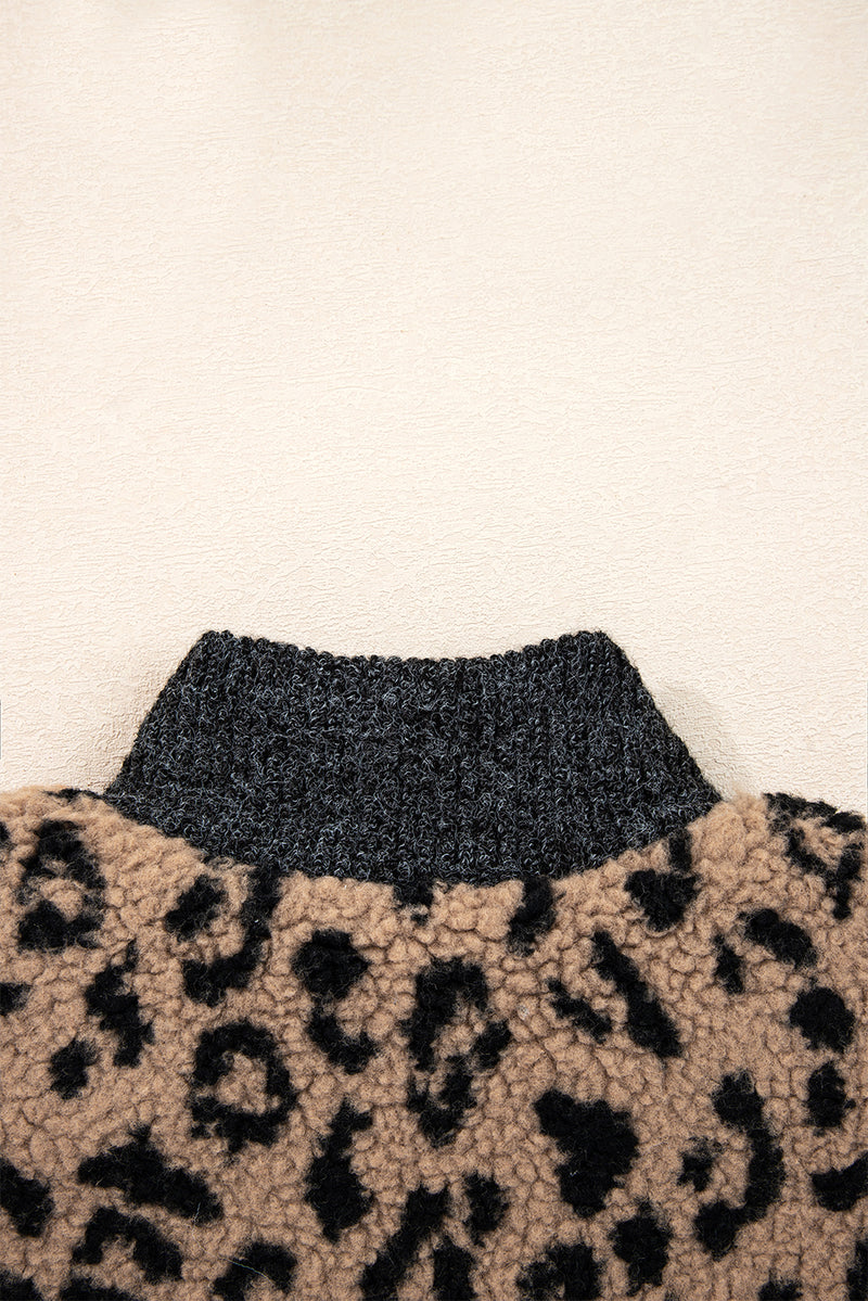 Hazel Blues® |  Khaki Leopard Print Zip Up Stand Neck Side Pocket Jacket