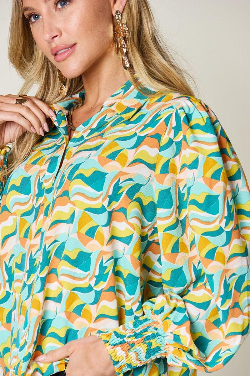 Hazel Blues® |  Double Take Printed Smocked Long Sleeve Blouse