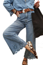 Hazel Blues® |  Dusk Blue Embroidered Cropped Wide Leg High Waist Jeans