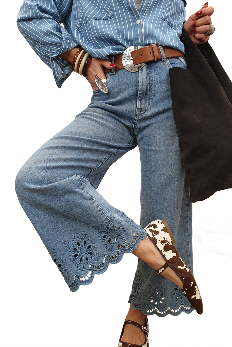 Hazel Blues® |  Dusk Blue Embroidered Cropped Wide Leg High Waist Jeans
