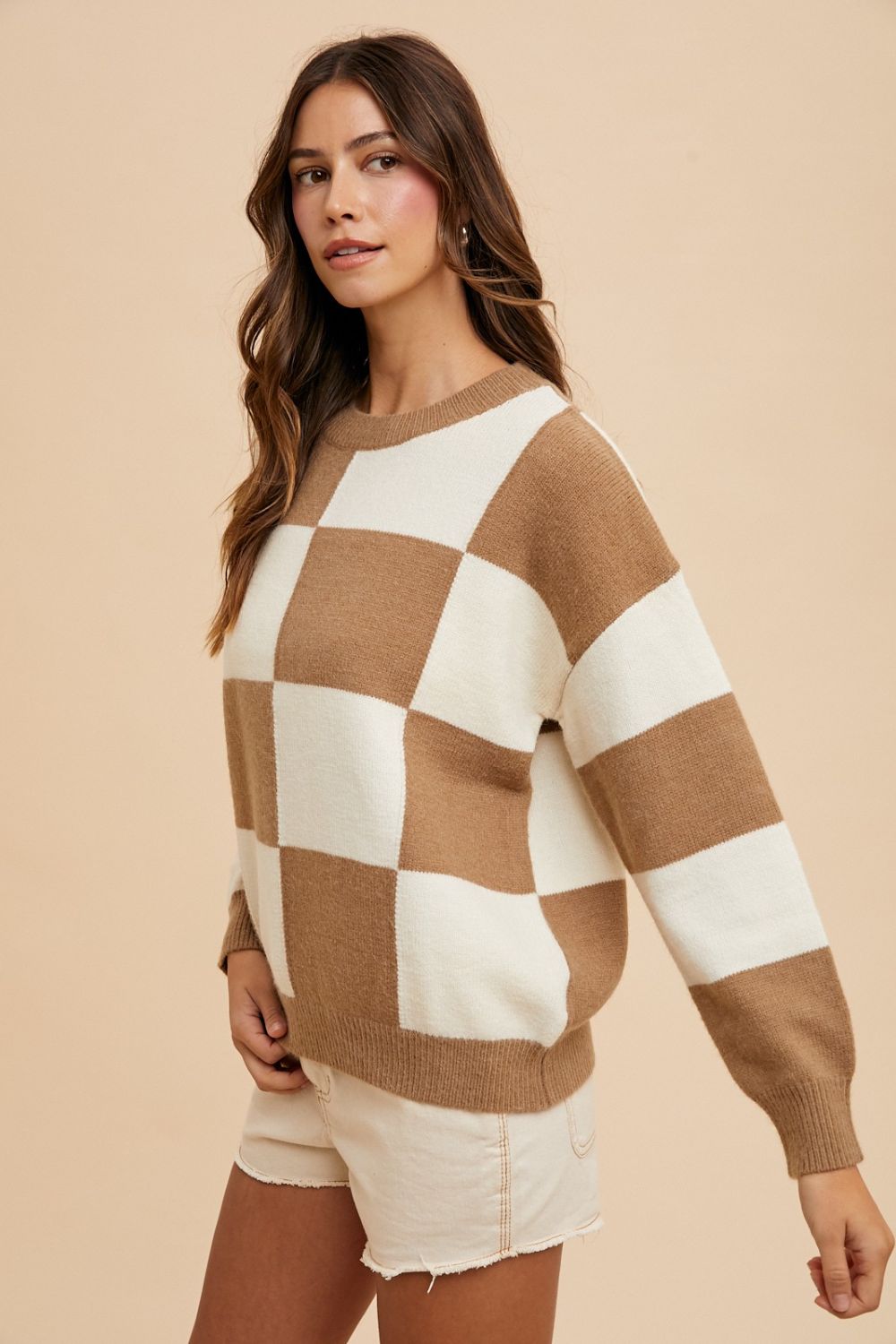 Hazel Blues® |  Annie Wear Checkered Round Neck Dropped Shoulder Sweater