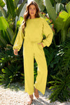 Hazel Blues® |  Yellow Cream Drop Shoulder Puff Sleeve Crop Pullover Drawstring Wide Leg Pants Set
