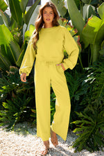 Hazel Blues® |  Yellow Cream Drop Shoulder Puff Sleeve Crop Pullover Drawstring Wide Leg Pants Set