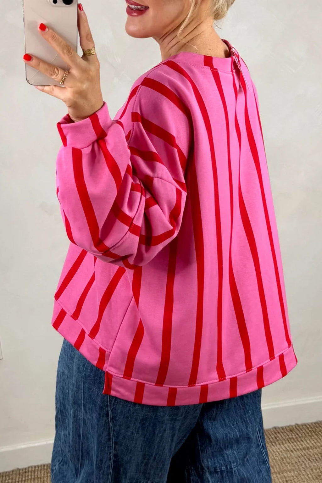 Fiona Hope Red Stripe Dropped Shoulder Round Neck Casual Sweatshirt
