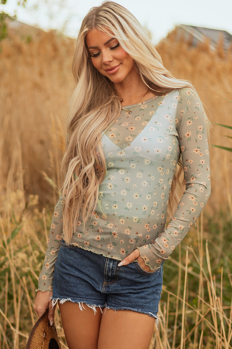 Hazel Blues® |  Laurel Green Vintage Floral Print Southern Style Mesh Long Sleeve Top