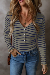 Hazel Blues® |  Striped V-Neck Long Sleeve Top