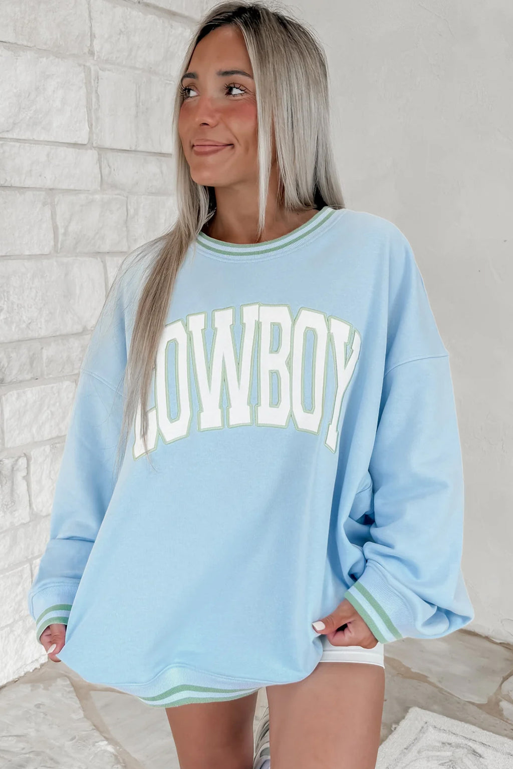 Beau Blue Embroidered Cowboy Letter Print Long-Sleeve Round-Neck Sweatshirt