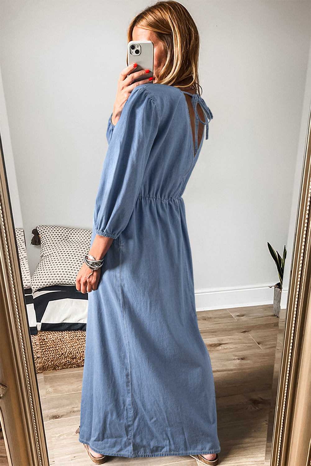 Avery Noelle Chambray Blue Deep V-Neck Bracelet Sleeve Maxi Dress