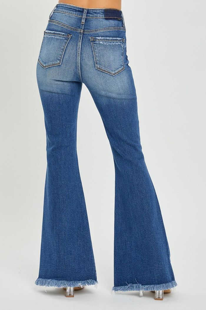 Hazel Blues® |  RISEN High Rise Front Slit Frayed Hem Flare Jeans