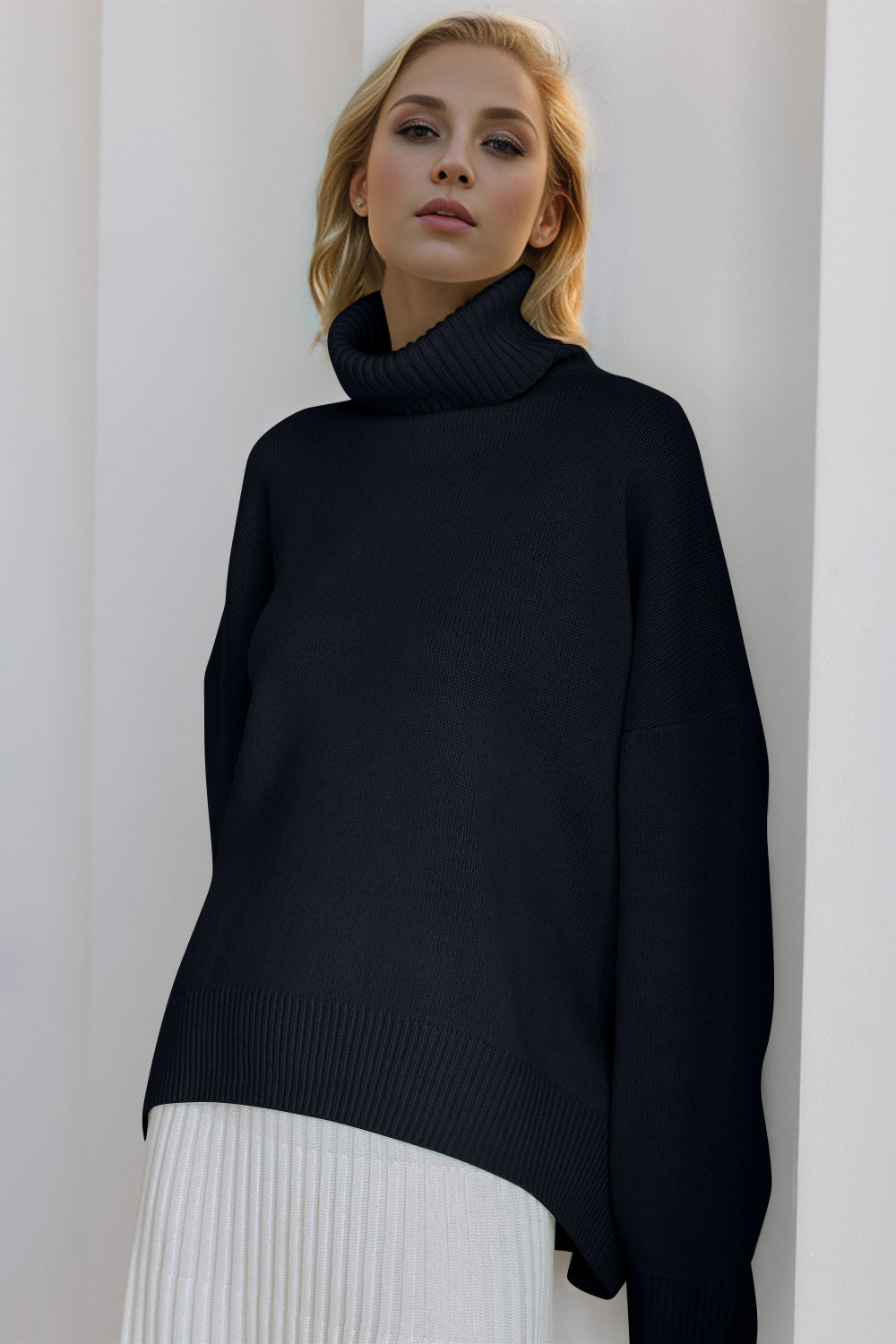 Hazel Blues® |  Basic Bae Turtleneck Dropped Shoulder Long Sleeve Sweater