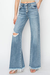 Hazel Blues® |  RISEN Mid Rise Button Fly Wide Leg Jeans