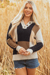 Hazel Blues® |  Multicolour Color Block Cable Knit Sleeve Buttons Collared Sweater