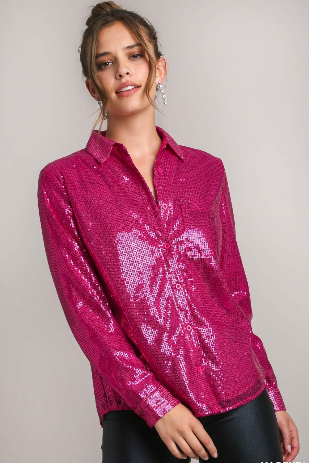 Hazel Blues® |  Umgee Sequin Long Sleeve Shirt with Side Chest Pocket