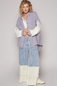 Hazel Blues® |  POL Openwork Lantern Sleeve Button Down Gauze Shirt