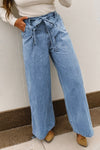 Hazel Blues® |  Beau Blue Western Washed Bow Knot Sash Wide Leg Jeans